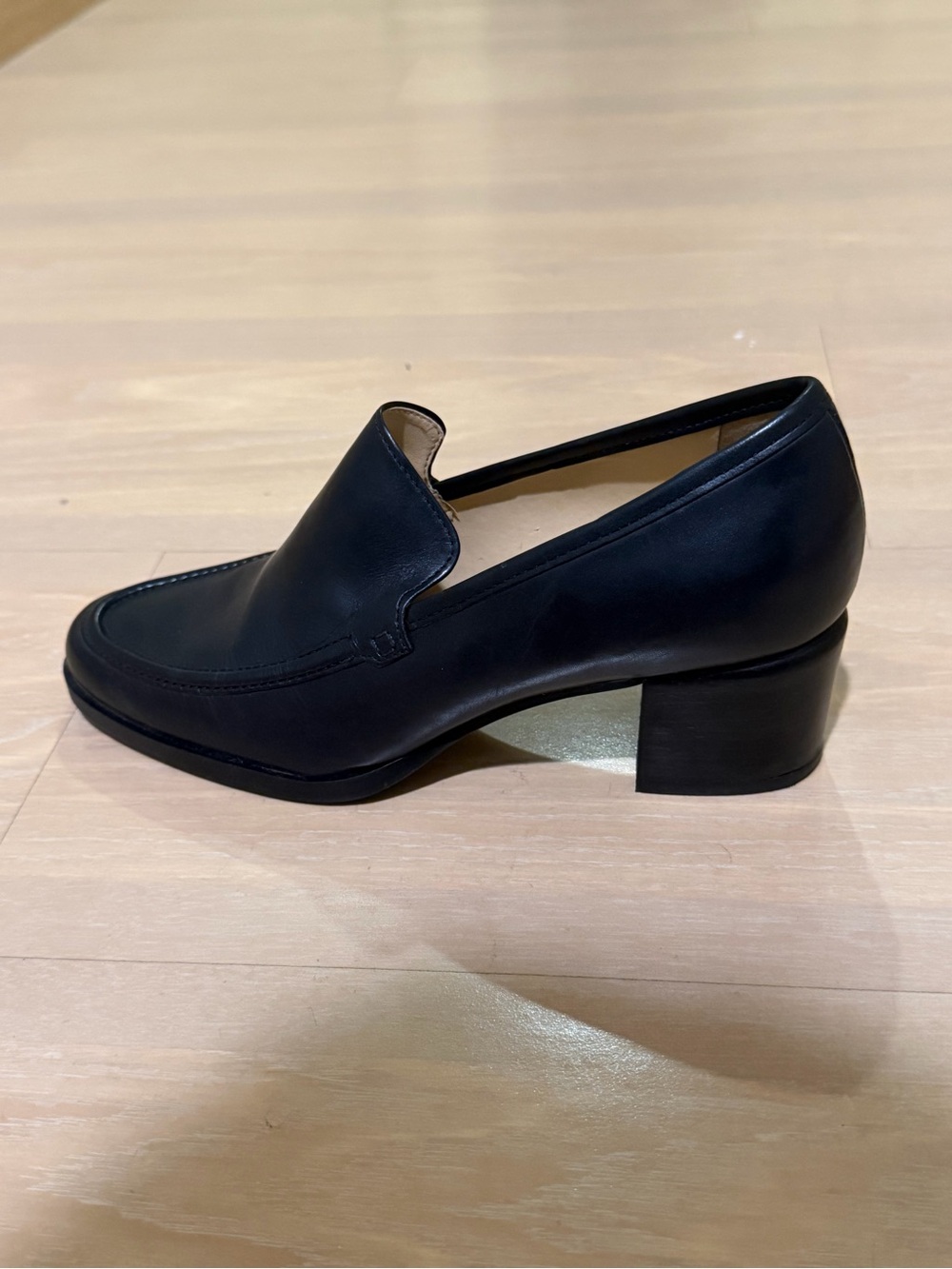 Enzo Classic Black Leather Block Heel Loafer